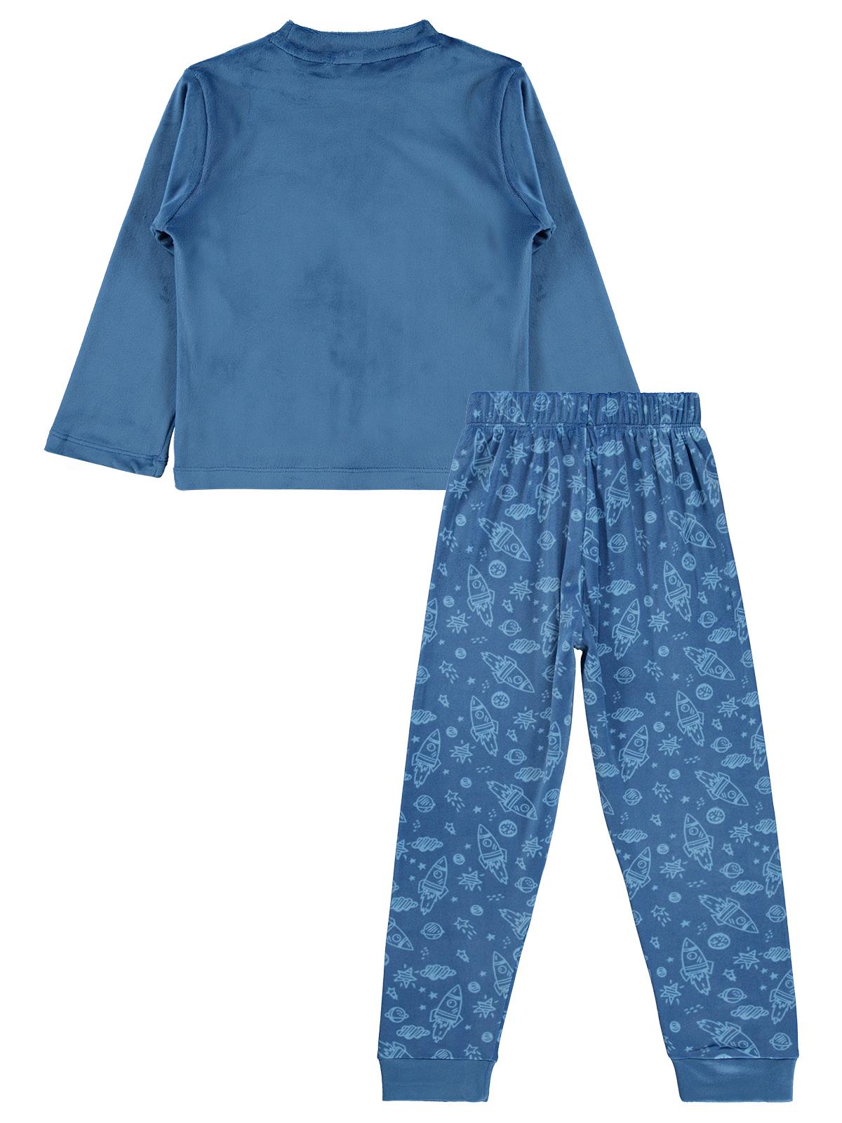 Supersoft Pijama Takımı | Kadife Uzun Kol Bisiklet Yaka Baskılı | Okul Kreş ve Günlük Kullanım - Mavi