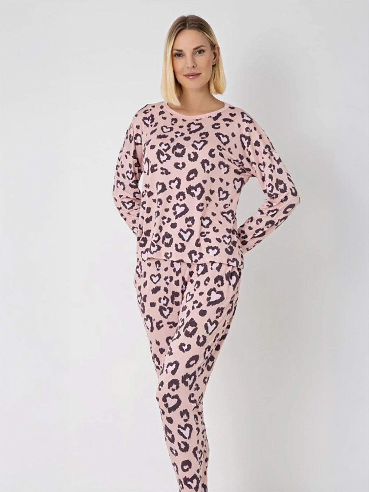Dofi Kadın Leopar Desenli S-XL Pijama Takımı - Pembe