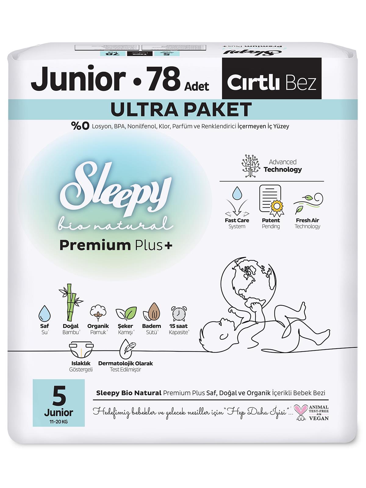 Sleepy Bio Natural Bebek Bezi Premium Plus 5 Beden Junior 78 Adet