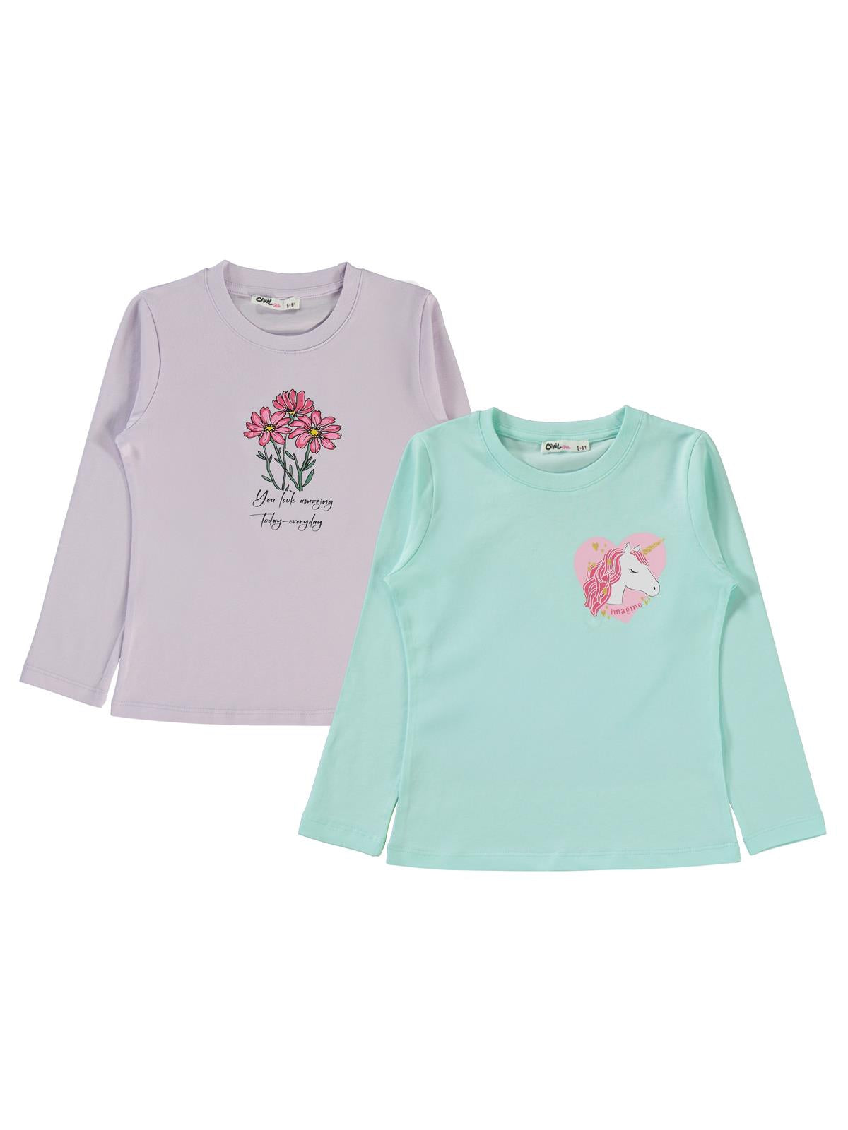 Civil Kız Çocuk Unicorn Baskılı 2'li Sweatshirt | Süprem Uzun Kol | Okul Kreş ve Günlük Kullanım