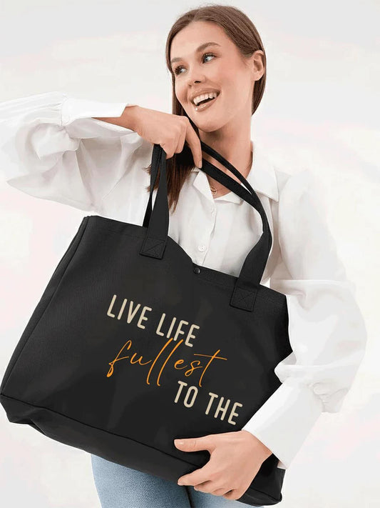 Çınar Bez Çanta Siyah 3 Çıtlı Live Life Baskılı Büyük Boy Kanvas Çanta
