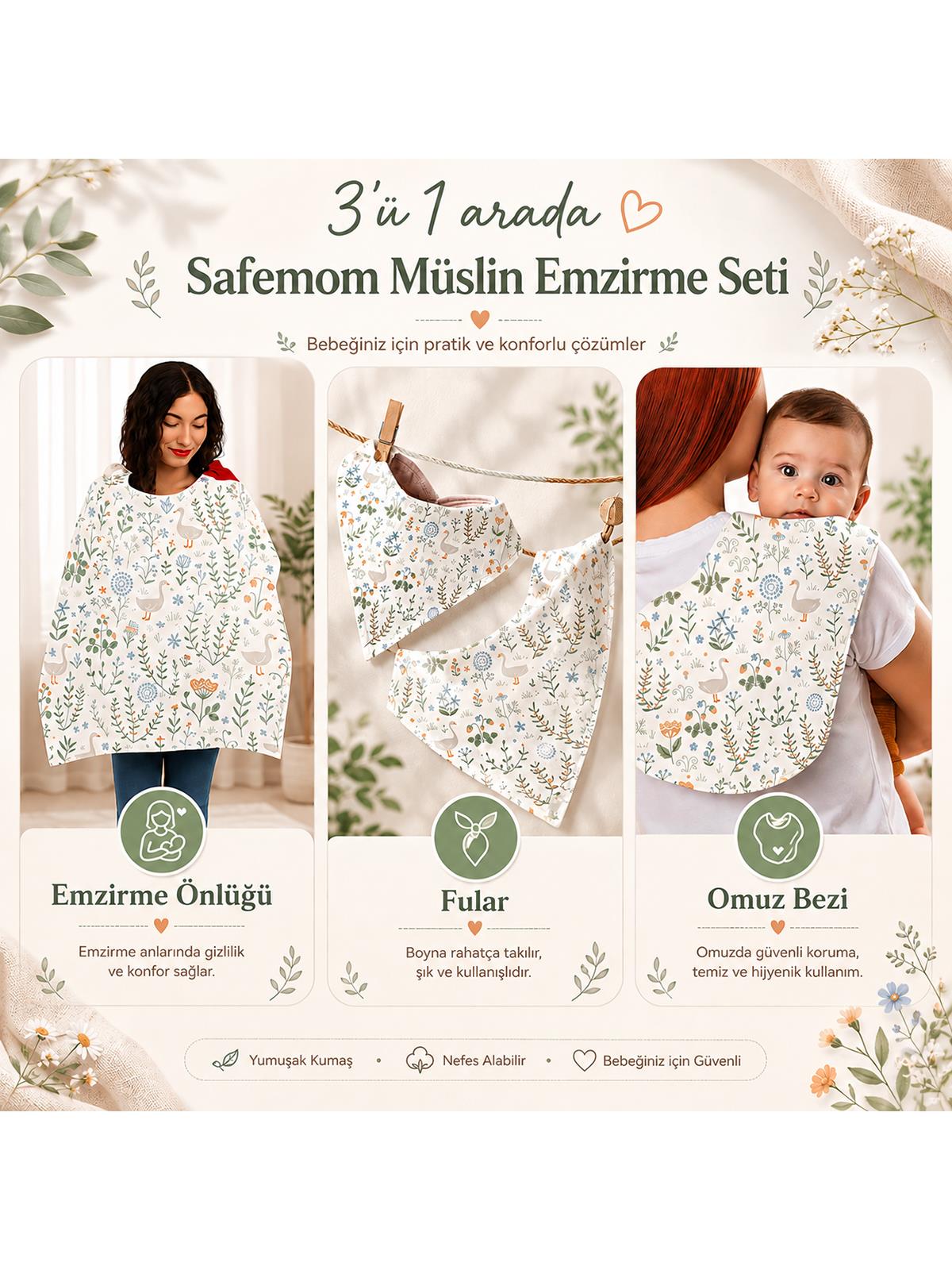 Safemom - Müslin Yeni Doğan Emzirme Seti - Swan - Turuncu
