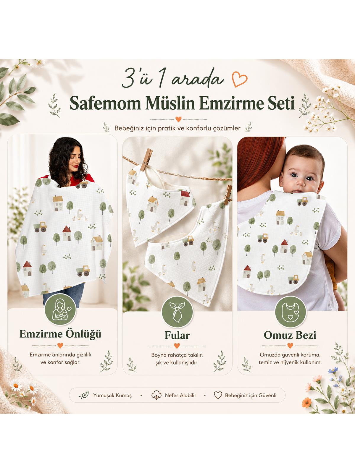 Safemom - Müslin Yeni Doğan Emzirme Seti - Swan - Turuncu