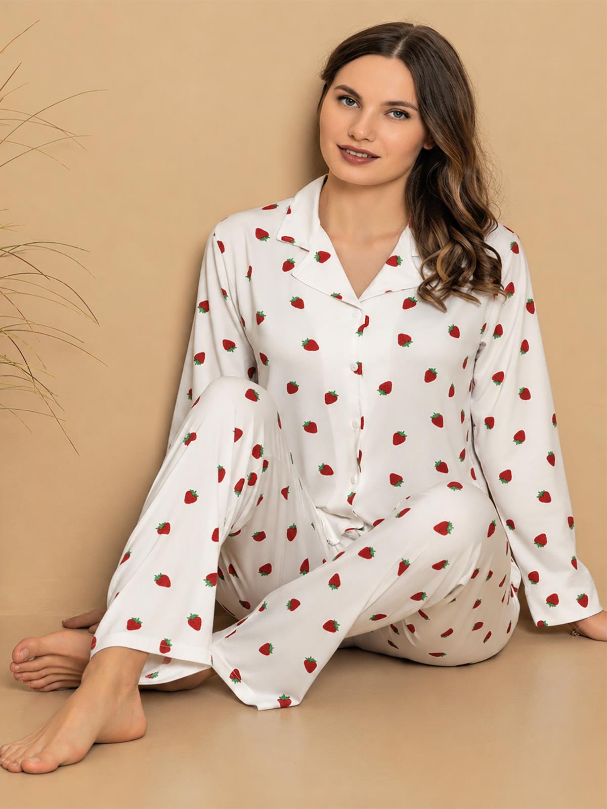Manolya Çilek Desen S-Xxl U.K.Pijama Takımı - Beyaz