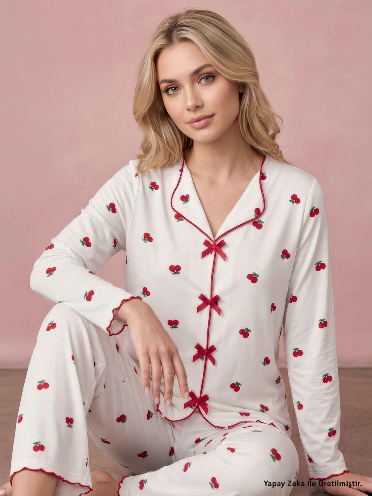 Manolya Milan Süfleli Kiraz Desen U. Kol S-XXL Pijama Takım - Beyaz