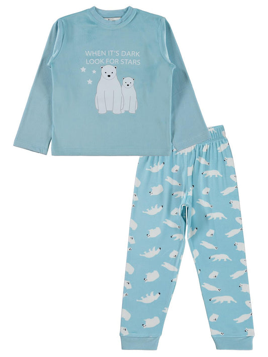 Kutup Ayısı Basıklı Pijama Takımı | Kadife Uzun Kol Bisiklet Yaka | Okul Kreş ve Günlük Kullanım - Mavi