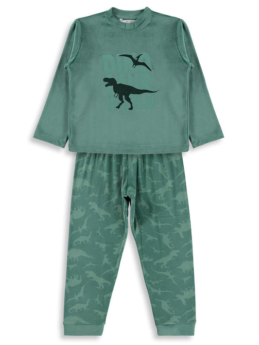 Dinazor World Basıklı Pijama Takımı | Kadife Uzun Kol Bisiklet Yaka | Okul Kreş ve Günlük Kullanım - Yeşil