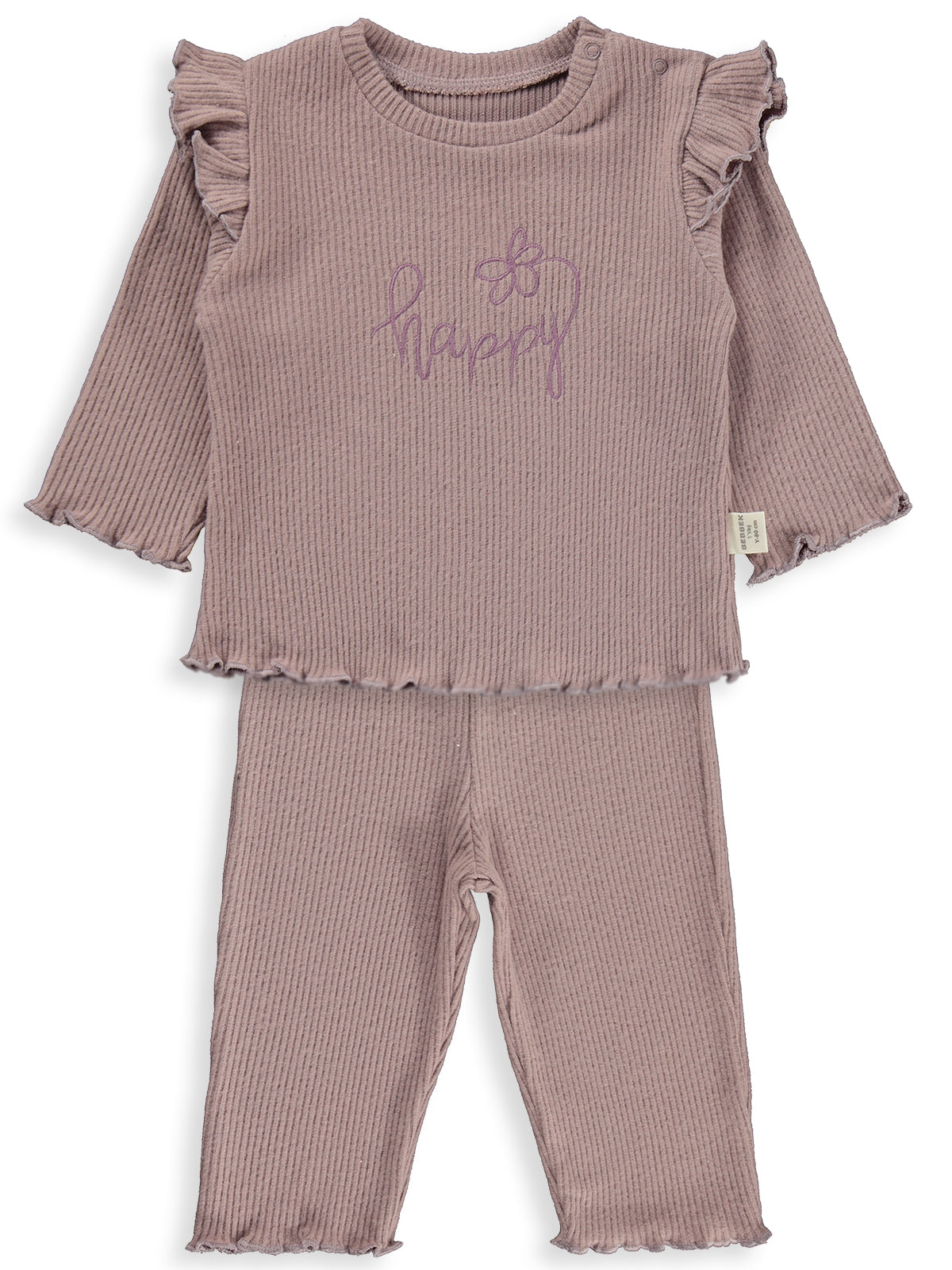 Bebbek Happy Nakışlı Fırfır Detaylı 2-5 Yaş Takım - Pembe