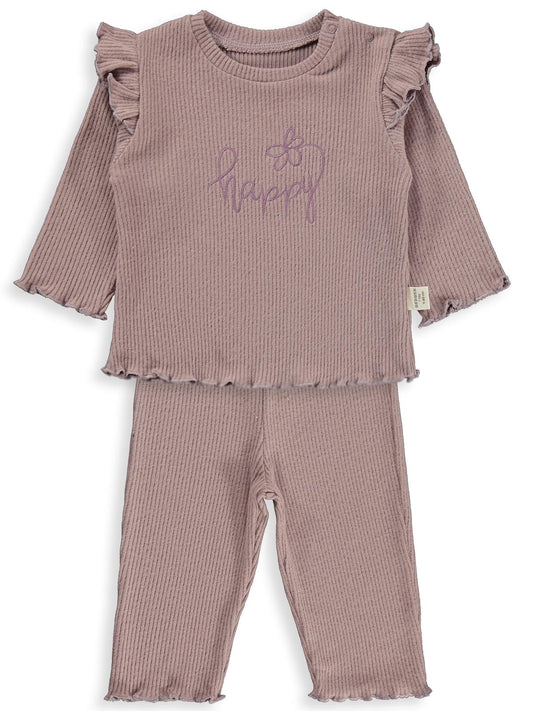 Bebbek Happy Nakışlı Fırfır Detaylı 2-5 Yaş Takım - Pembe