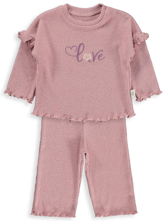 Bebbek Love Nakışlı Fırfır Detaylı 2-5 Yaş Takım - Pembe