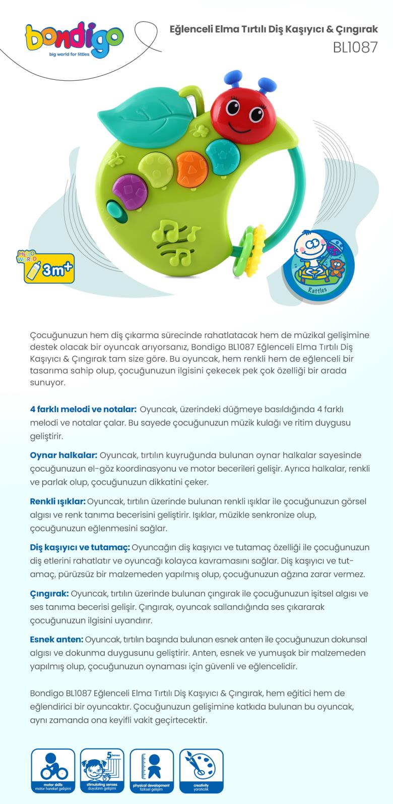 Bondigo Eğlenceli Elma Tırtılı - Işıklı Müzikli Diş Kaşıyıcı ve Çıngırak