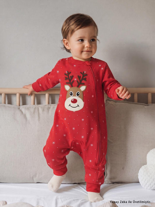 Civil Baby Noktalı Yıldız Nakışlı | 2.5 TOG Uyku Tulumu | İnterlok | Uzun Kollu Bisiklet Yaka - Kırmızı