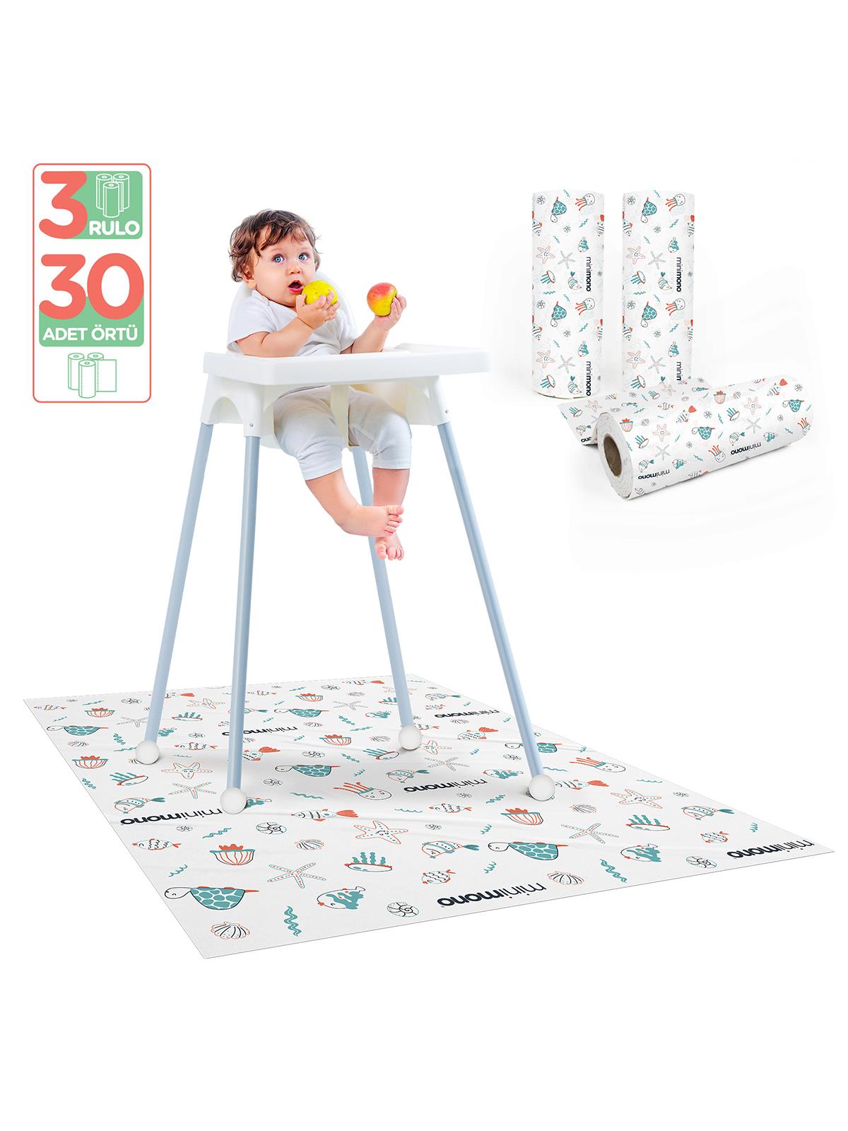 Minimono 3'lü Desen Mama Sandalyesi Altı Ve Aktivite Örtüsü - Mavi