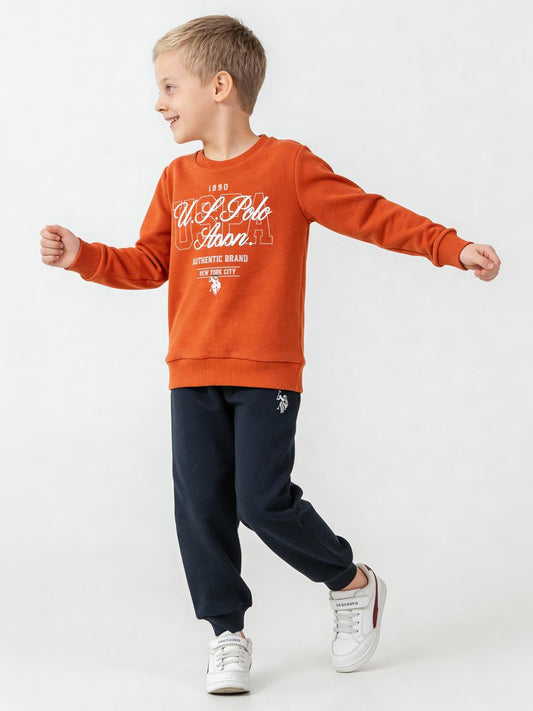 U.S. Polo Assn Kids Eşofman Takımı | 3 İp Şardonsuz -3 İp Şardonsuz | Okul Kreş ve Günlük Kullanım - Turuncu