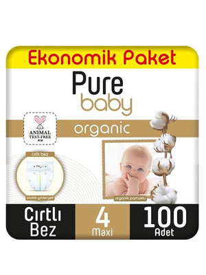 Pure Baby Organik Pamuklu Cırtlı Bez 4 Numara Maxi 100 Adet