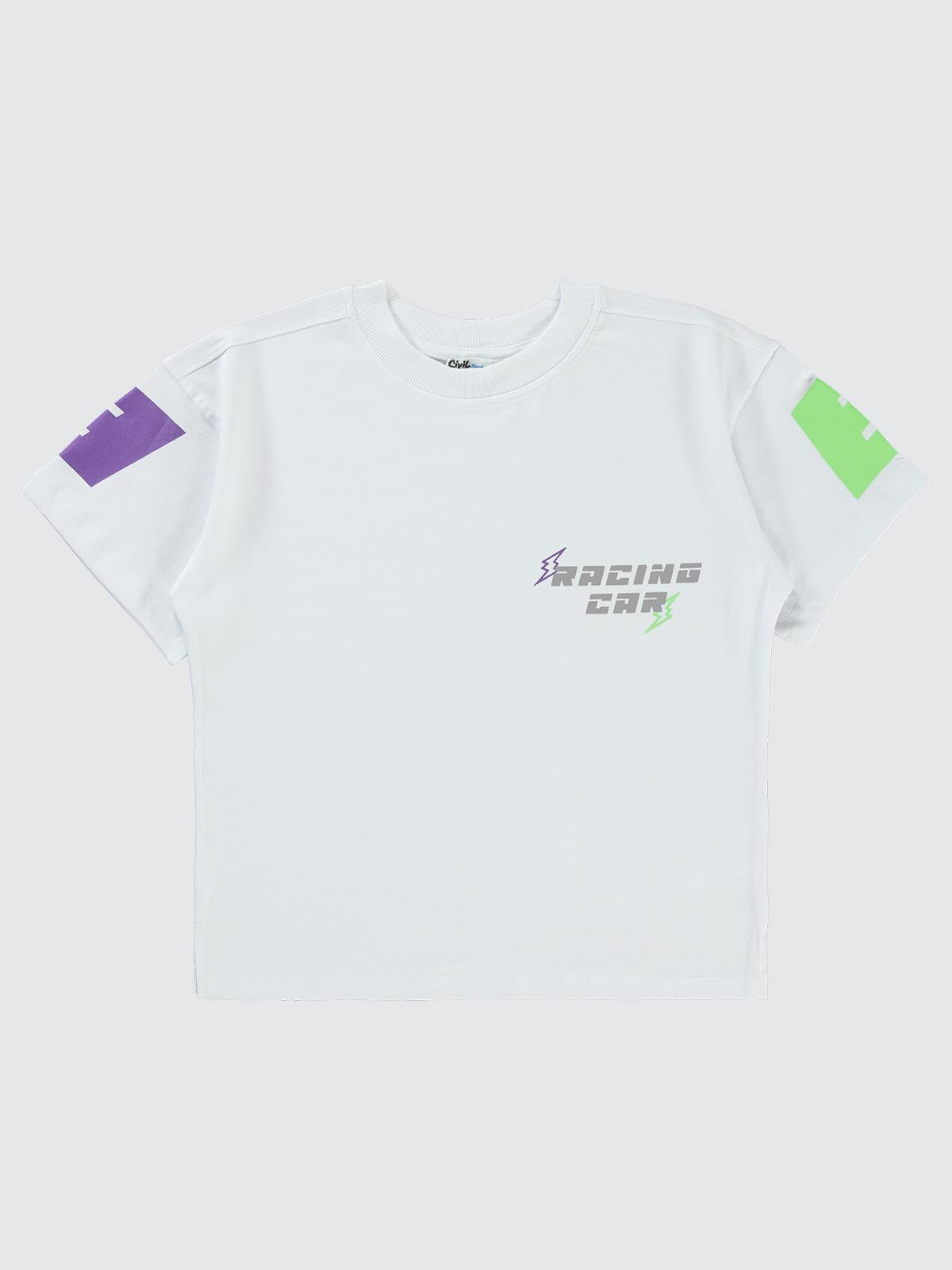 Civil Boys Racing Baskılı Oversize 10-13 Yaş Tişört - Beyaz