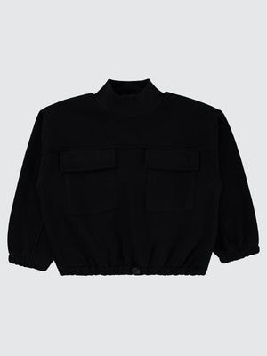 Civil Kız Çocuk Cepli Sweatshirt | 3 İp Uzun Kol Bisiklet Yaka | Okul Kreş ve Günlük Kullanım - Siyah
