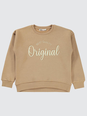 Civil Kız Çocuk Original Nakışlı Sweatshirt | 3 İp Uzun Kol | Okul Kreş ve Günlük Kullanım - Bej
