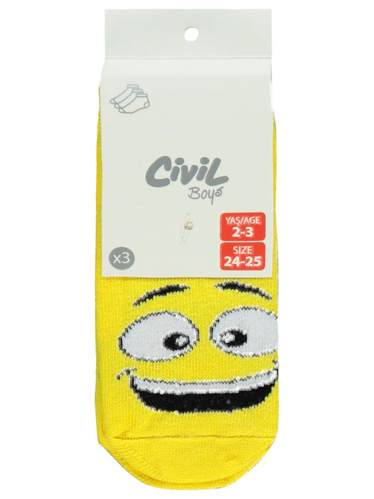Civil Erkek Çocuk Gülenyüz 3'lü Erkek Patik Çorap | Baskılı | Okul Kreş ve Günlük Kullanım