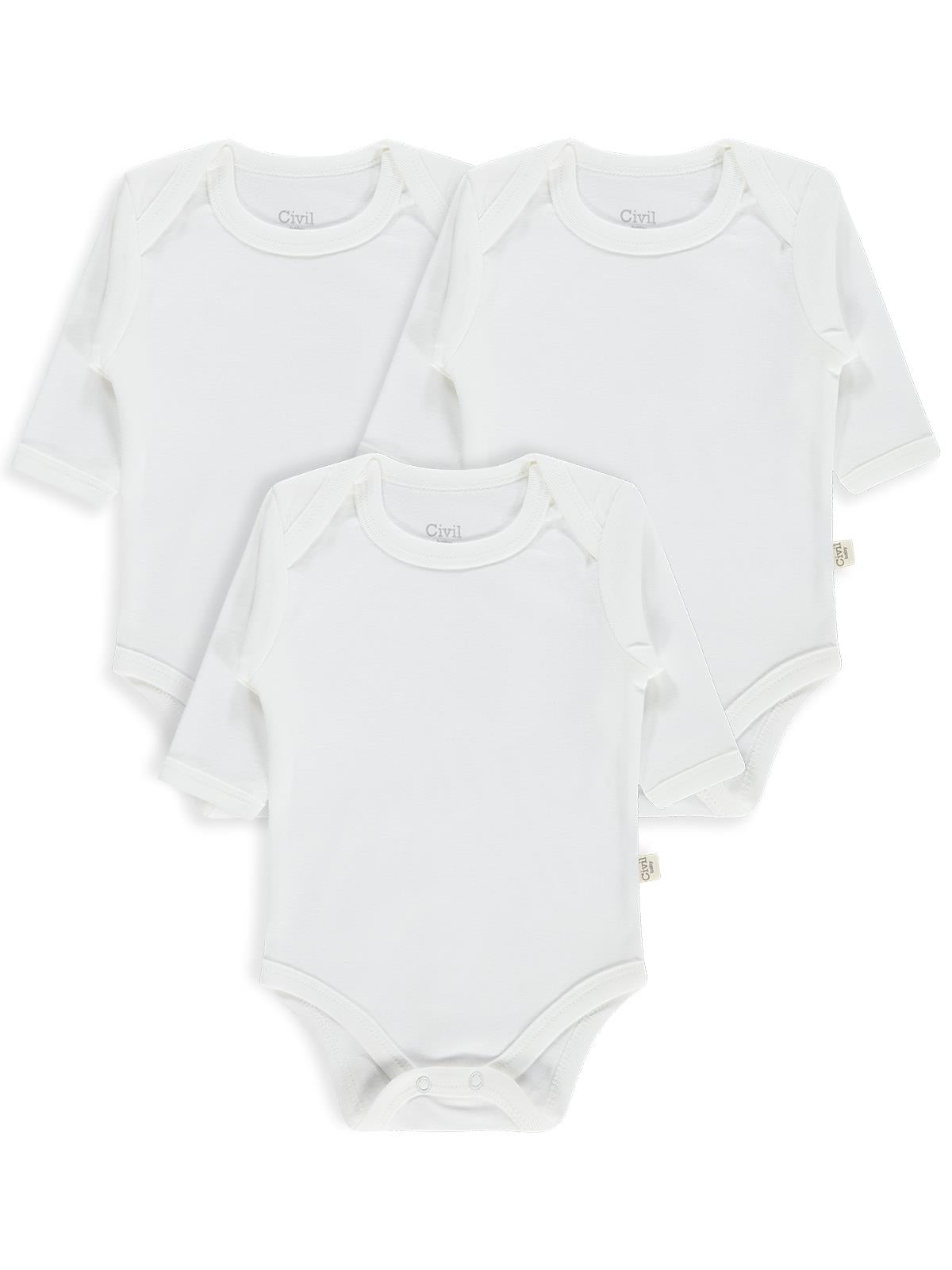 Civil Baby 3 lü Düz Uzun Kol 3-9 Ay Çıtçıtlı Badi - Beyaz