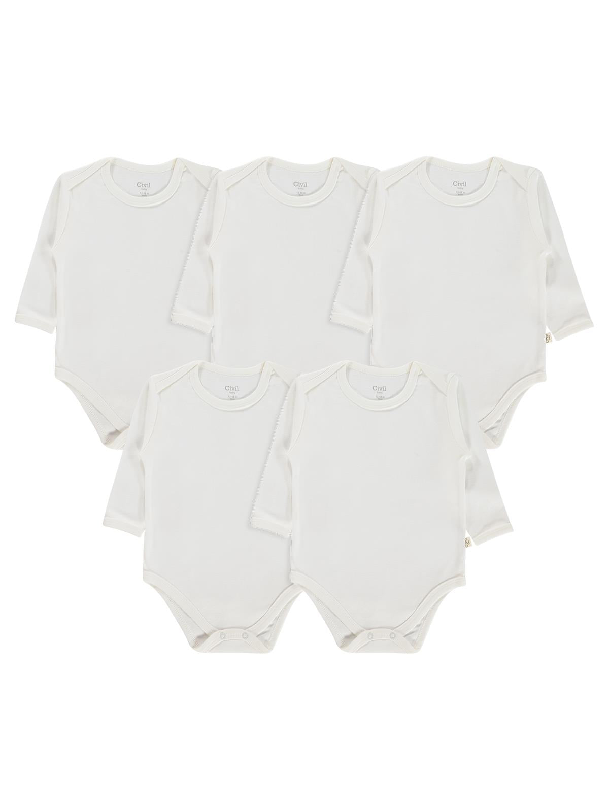 Civil Baby Düz Uzun Kol 5 li 0-1 Ay Çıtçıtlı Badi - Beyaz