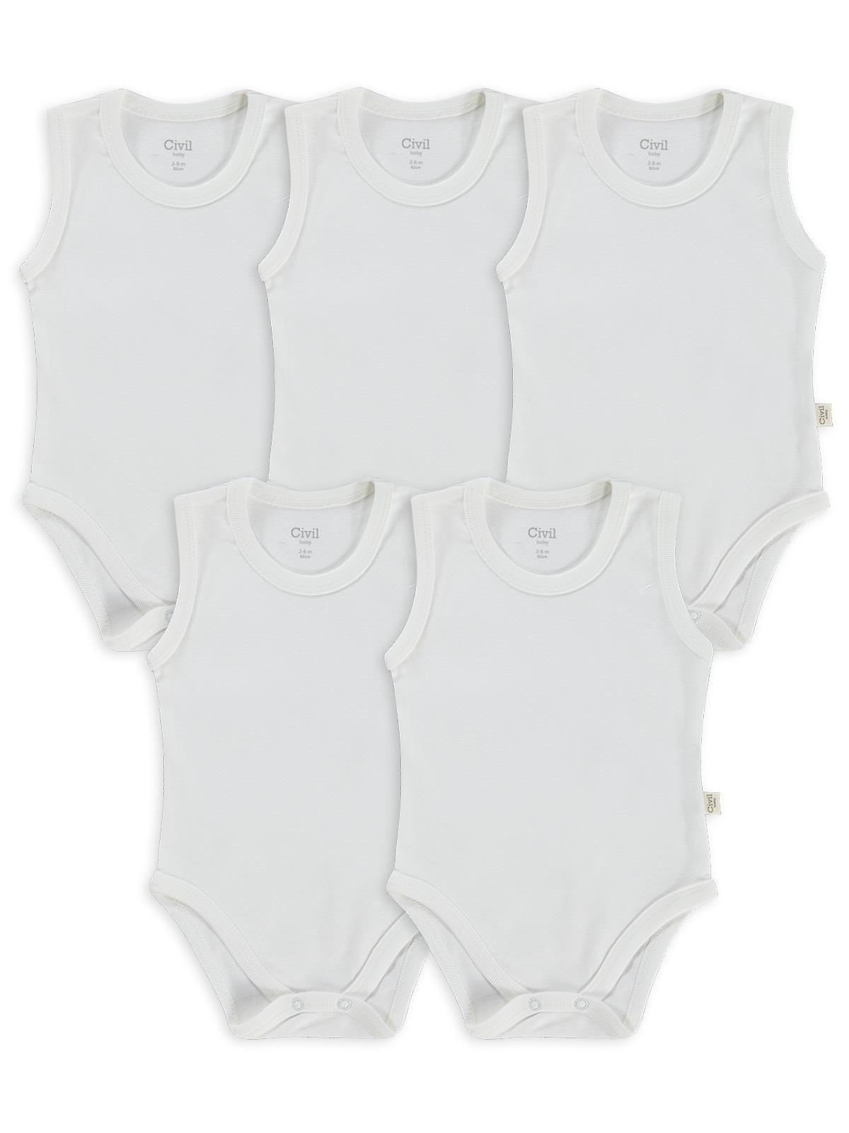 Civil Baby 5 li Düz Basic Sıfır Kol 0-1 Ay Çıtçıtlı Badi - Beyaz
