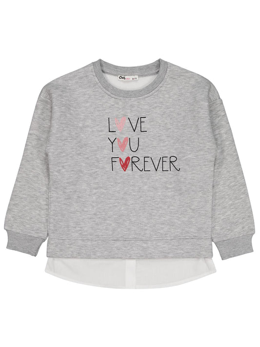 Civil Kız Çocuk Love You Forever Baskılı Sweatshirt | 3 İp Uzun Kol | Okul Kreş ve Günlük Kullanım - Gri