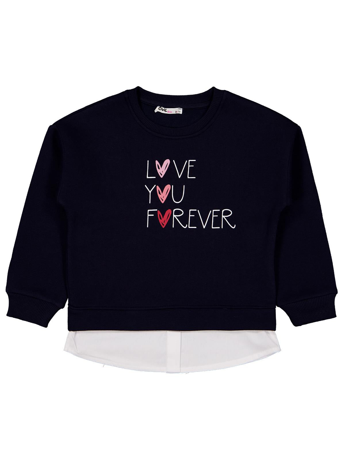 Civil Kız Çocuk Love You Forever Baskılı Sweatshirt | 3 İp Uzun Kol | Okul Kreş ve Günlük Kullanım - Lacivert