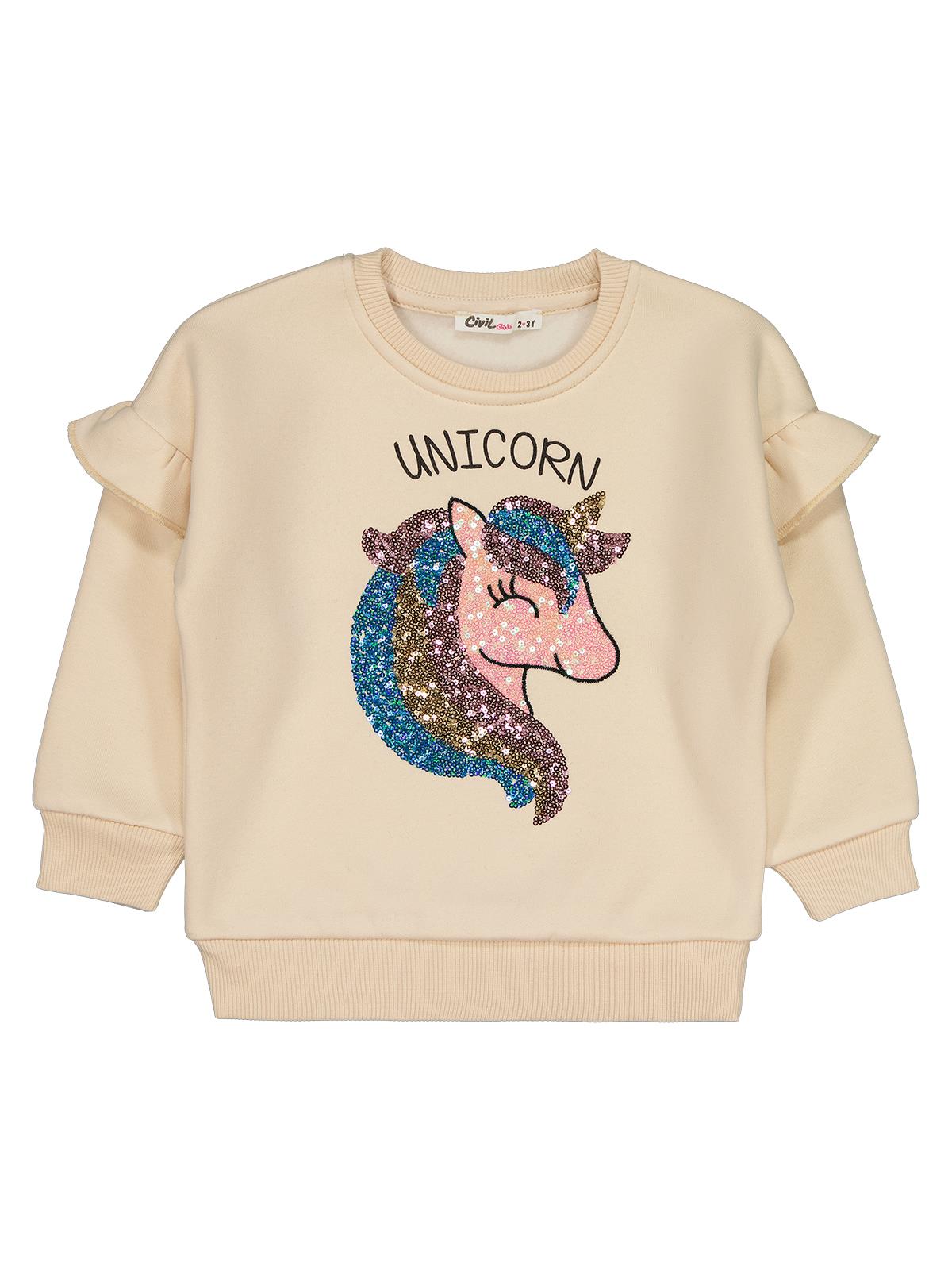 Civil Kız Çocuk Unicorn Nakışlı Sweatshirt | 3 İp Uzun Kol | Okul Kreş ve Günlük Kullanım - Fil Dişi