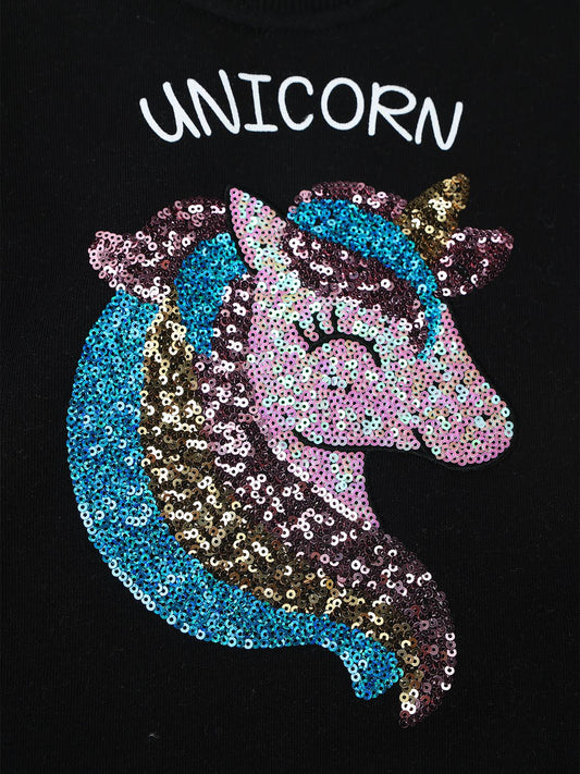 Civil Kız Çocuk Unicorn Nakışlı Sweatshirt | 3 İp Uzun Kol | Okul Kreş ve Günlük Kullanım - Siyah