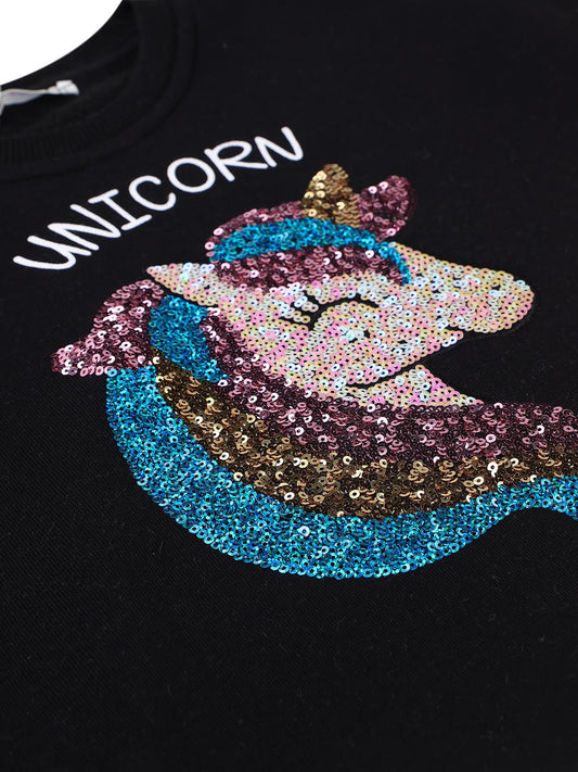 Civil Kız Çocuk Unicorn Nakışlı Sweatshirt | 3 İp Uzun Kol | Okul Kreş ve Günlük Kullanım - Siyah