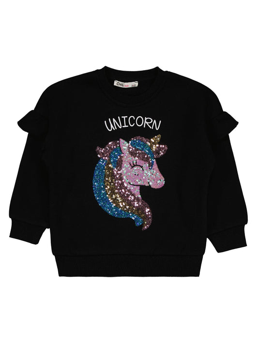 Civil Kız Çocuk Unicorn Nakışlı Sweatshirt | 3 İp Uzun Kol | Okul Kreş ve Günlük Kullanım - Siyah
