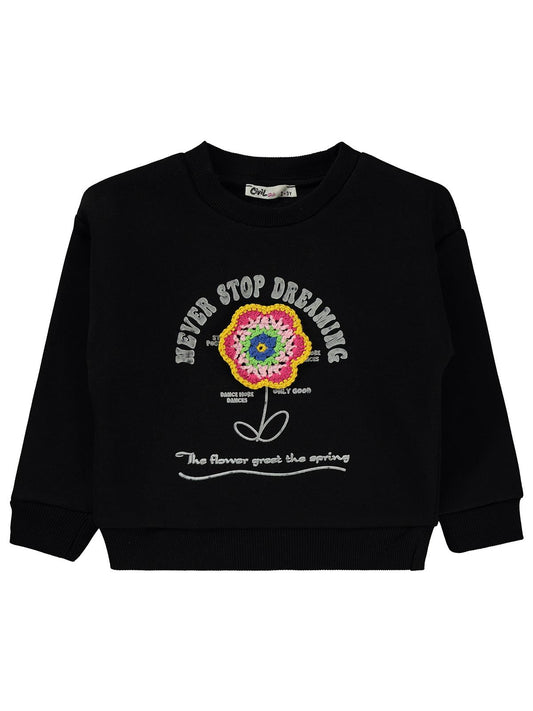Civil Kız Çocuk Never Stop Baskılı Sweatshirt | 3 İp Uzun Kol | Okul Kreş ve Günlük Kullanım - Siyah
