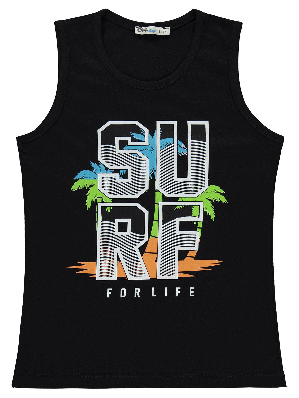 Civil Boys Surf Palmiye Baskılı 6-9 Yaş Tişört - Siyah