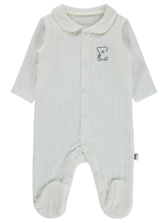 Civil Baby Yakalı Ayıcık Baskılı 1-9 Ay Tulum - Ekru