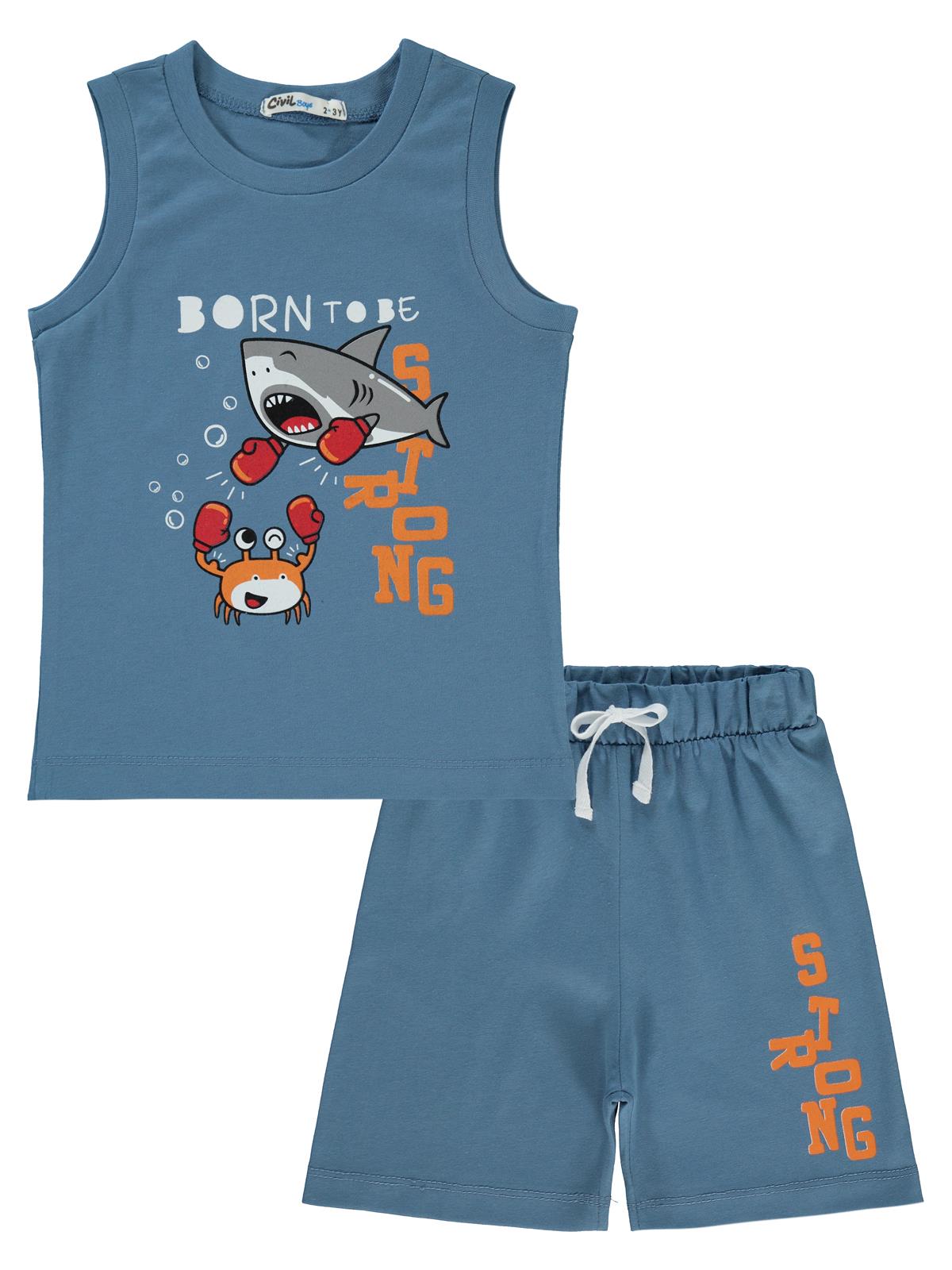 Civil Boys Boks Yapan Köpek Balığı Baskılı 2-5 Yaş Pijama Takımı - Mavi