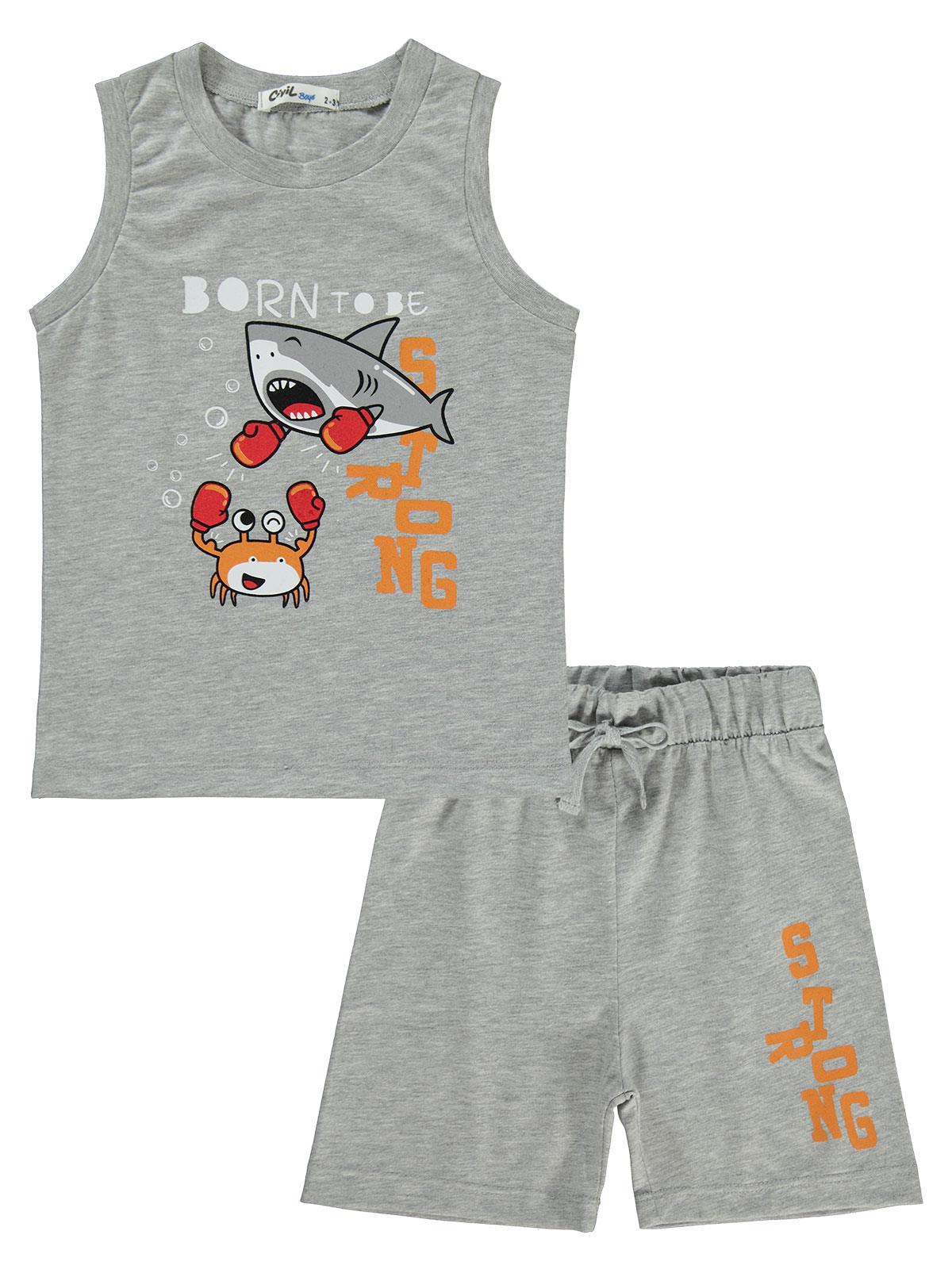 Civil Boys Boks Yapan Köpek Balığı Baskılı 2-5 Yaş Pijama Takımı - Gri
