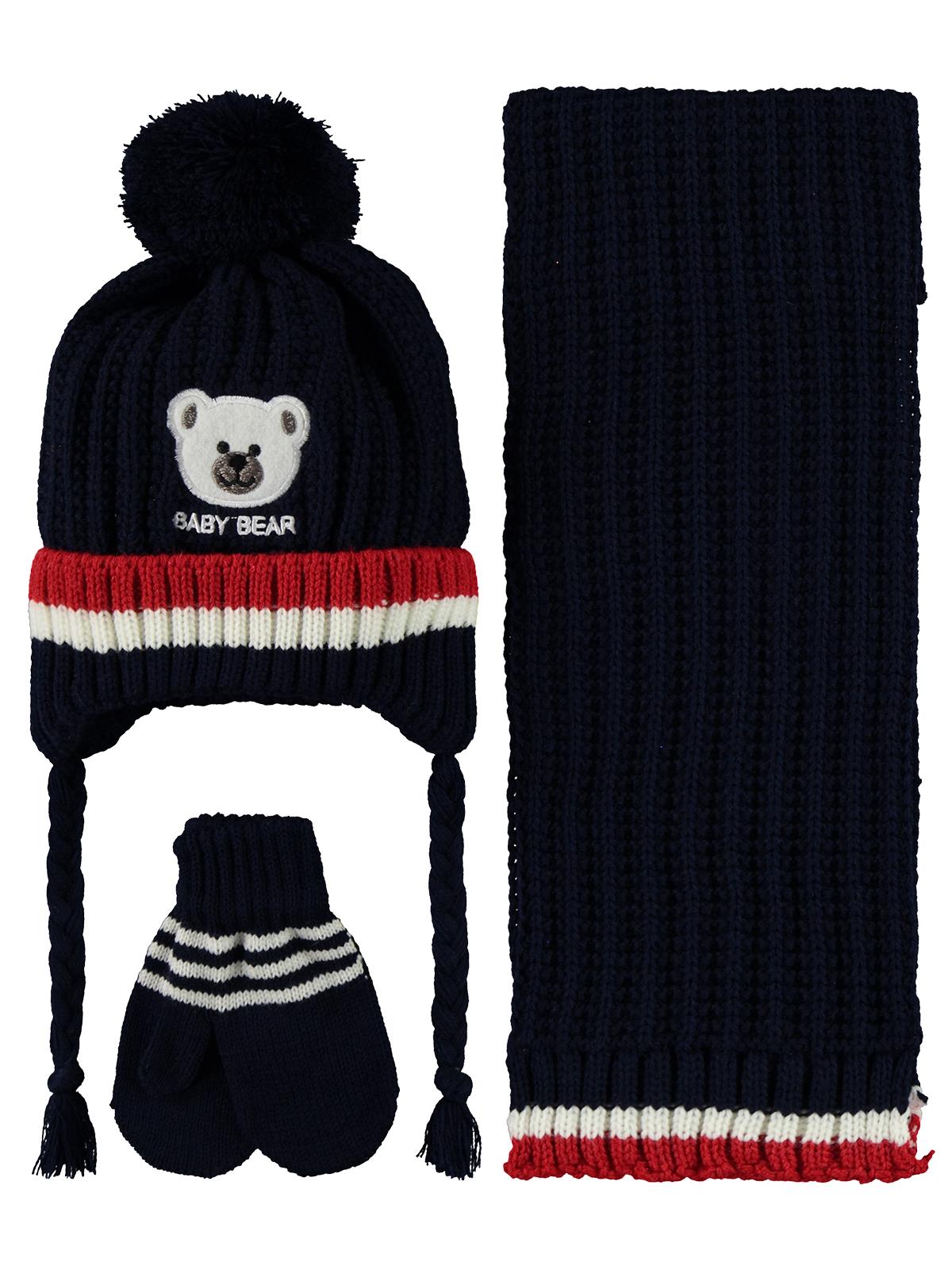 Civil Baby Baby Bear Nakış Desen 0-24 Ay Atkı Bere Eldiven Set - Lacivert