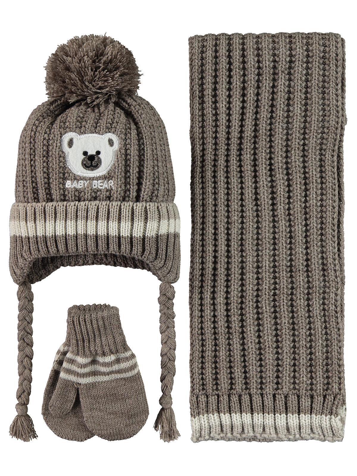 Civil Baby Baby Bear Nakış Desen 0-24 Ay Atkı Bere Eldiven Set - Bej