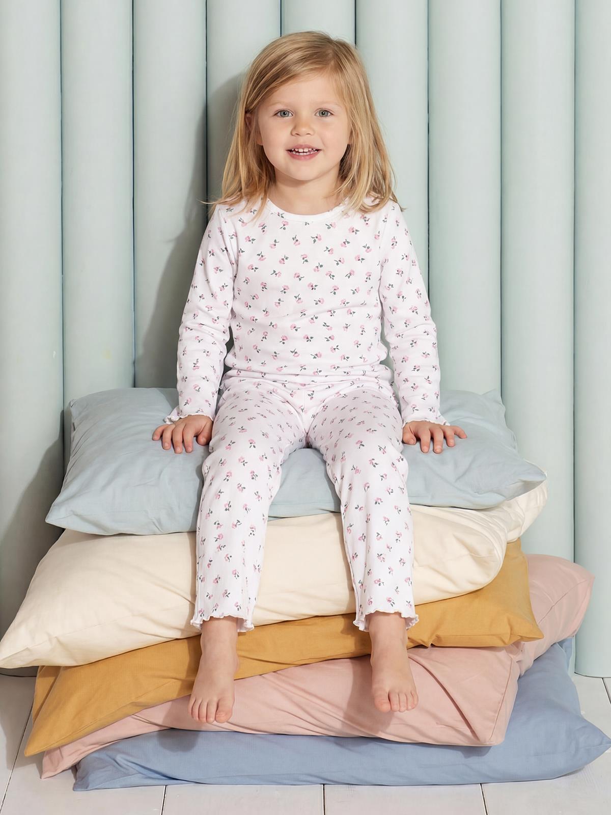 Civil Kız Çocuk Çiçek Desenli Pijama Takımı | Kaşkorse Uzun Kol | Okul Kreş ve Günlük Kullanım - Ekru