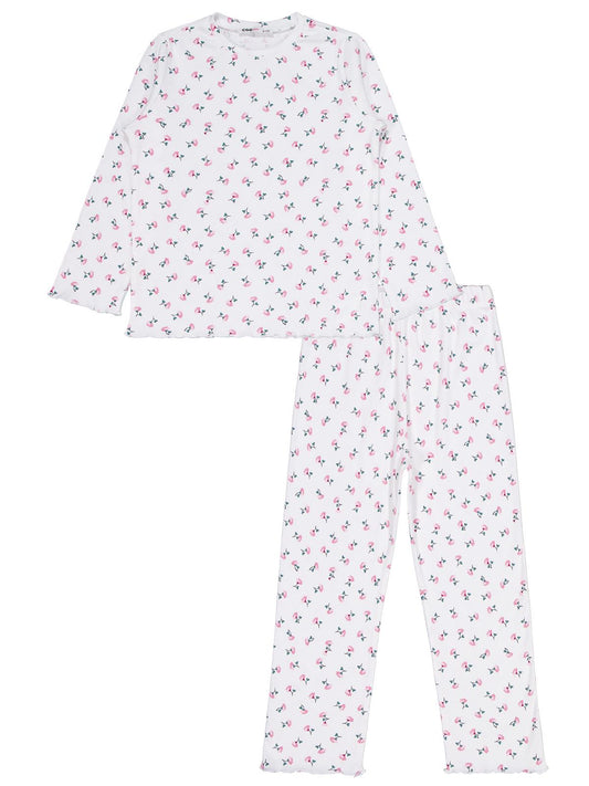 Civil Kız Çocuk Çiçek Desenli Pijama Takımı | Kaşkorse Uzun Kol | Okul Kreş ve Günlük Kullanım - Ekru