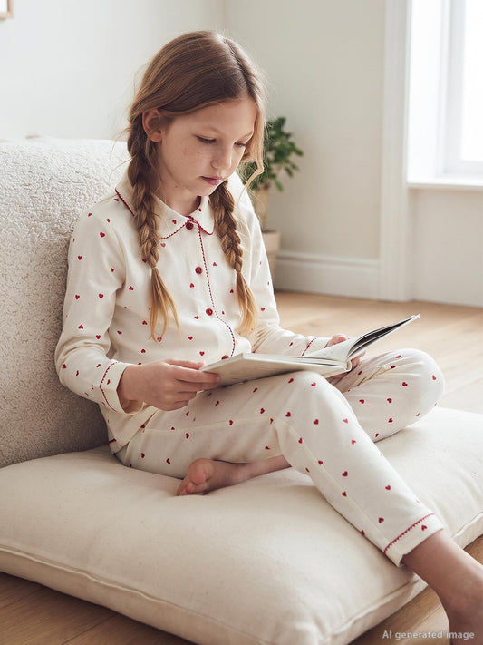 Civil Girls Kız Çocuk Kalpli Pijama Takımı | Süprem Uzun Kol | Okul Kreş ve Günlük Kullanım - Ekru
