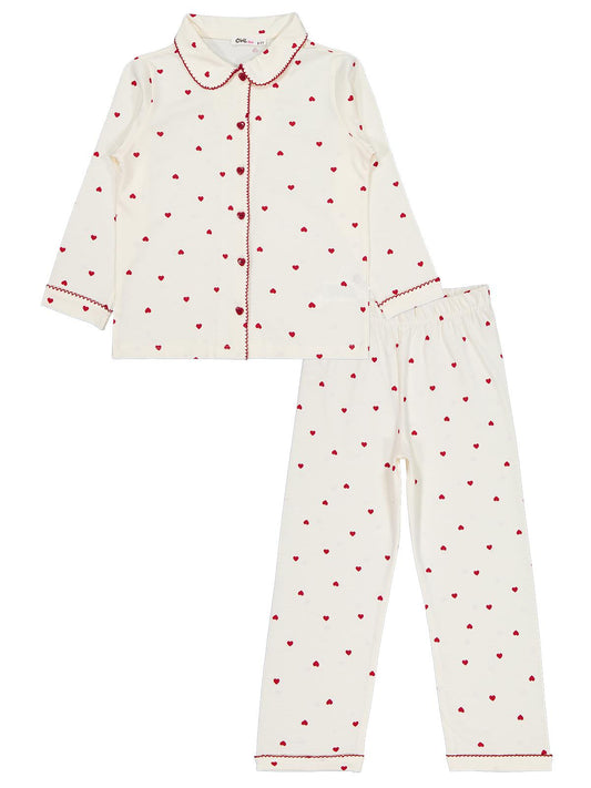 Civil Girls Kız Çocuk Kalpli Pijama Takımı | Süprem Uzun Kol | Okul Kreş ve Günlük Kullanım - Ekru