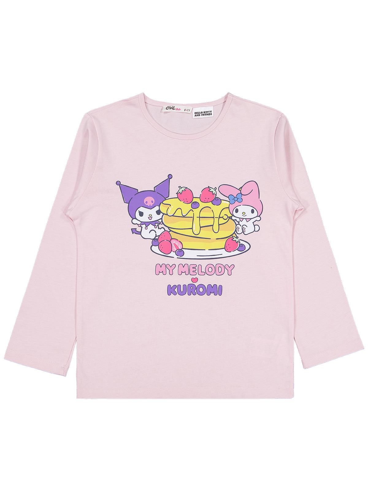 Kuromi Pijama Takımı | Süprem Uzun Kol Bisiklet Yaka Baskılı | Okul Kreş ve Günlük Kullanım - Pembe