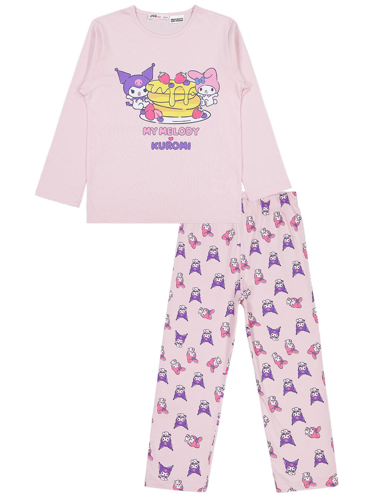 Kuromi Pijama Takımı | Süprem Uzun Kol Bisiklet Yaka Baskılı | Okul Kreş ve Günlük Kullanım - Pembe