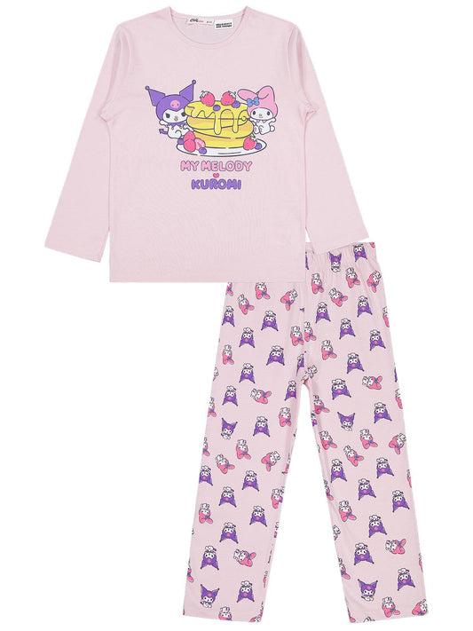 Kuromi Pijama Takımı | Süprem Uzun Kol Bisiklet Yaka Baskılı | Okul Kreş ve Günlük Kullanım - Pembe