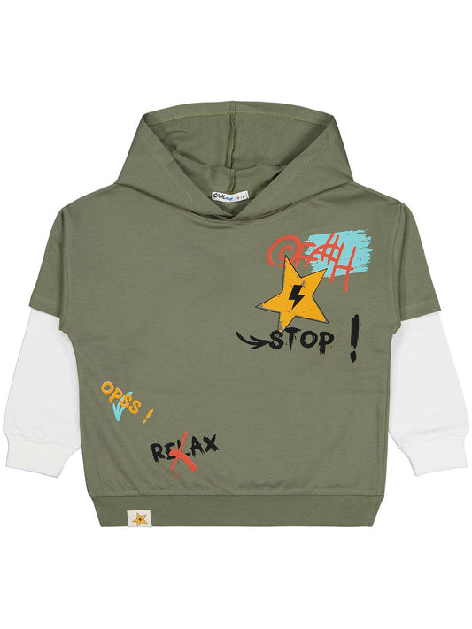 Civil Erkek Çocuk Stop Yıldız Baskılı Sweatshirt | 2 İp Uzun Kol | Okul Kreş ve Günlük Kullanım - Haki