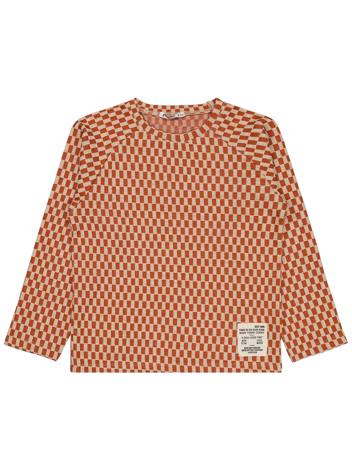 Civil Erkek Çocuk Dama Desenli Sweatshirt | Jakar/Petek Uzun Kol | Okul Kreş ve Günlük Kullanım - Turuncu