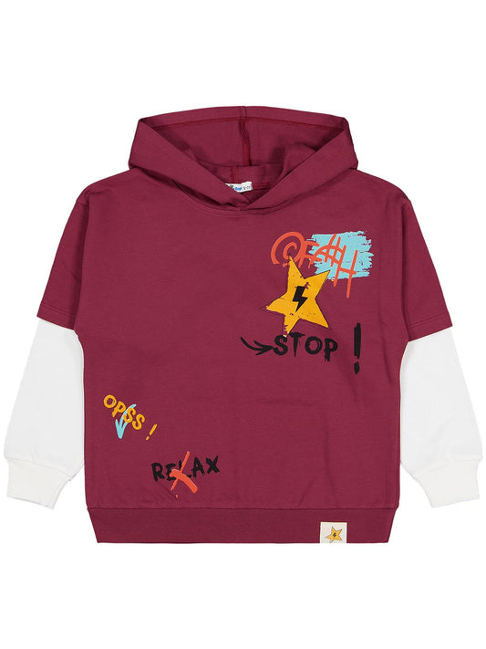 Civil Erkek Çocuk Stop Yıldız Baskılı Sweatshirt | 2 İp Uzun Kol | Okul Kreş ve Günlük Kullanım - Bordo