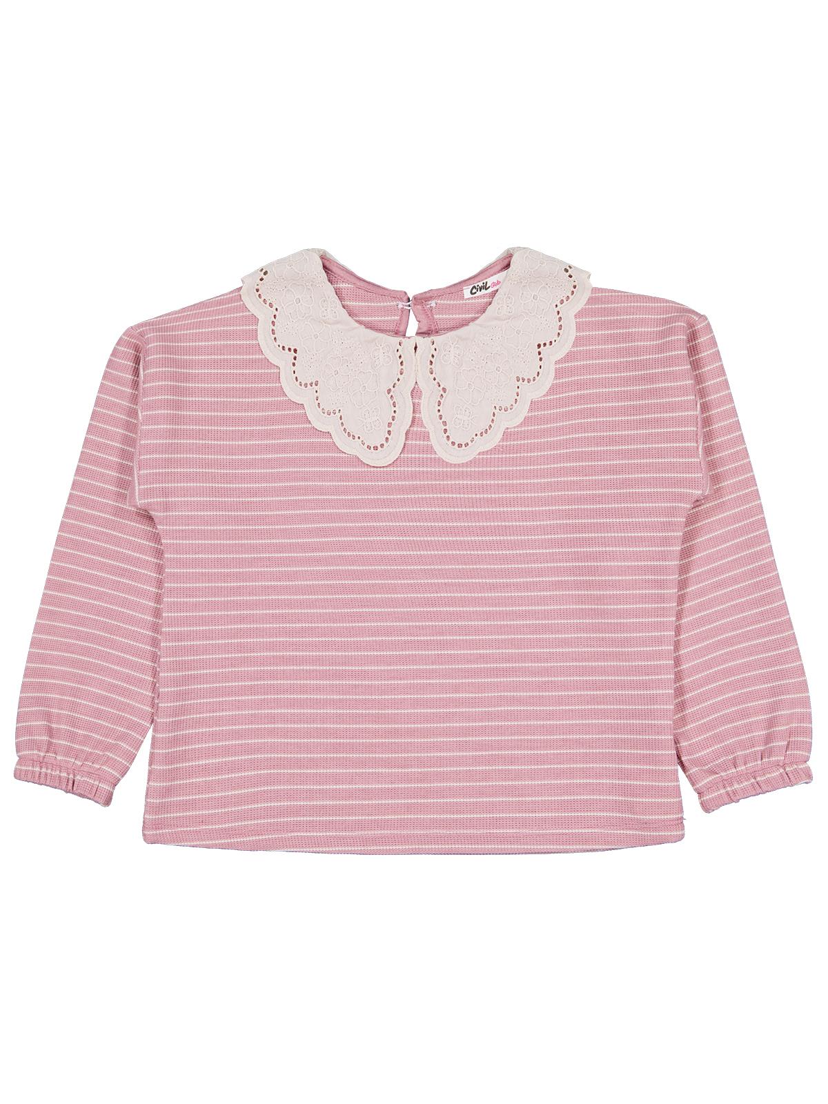 Civil Kız Çocuk Çizgili Sweatshirt | Waffle Uzun Kol Bisiklet Yaka | Okul Kreş ve Günlük Kullanım - Pembe